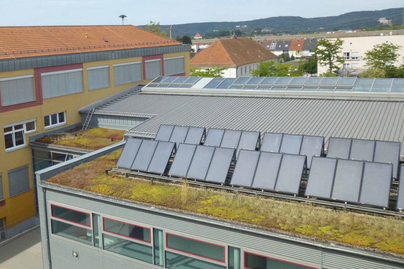 Solarthermiemodule auf einem begrüntem Flachdach
