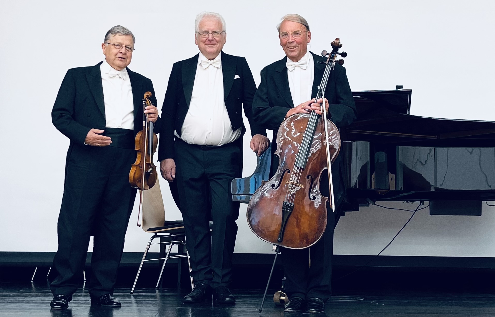Drei Musiker im Anzug mit ihren Instrumenten