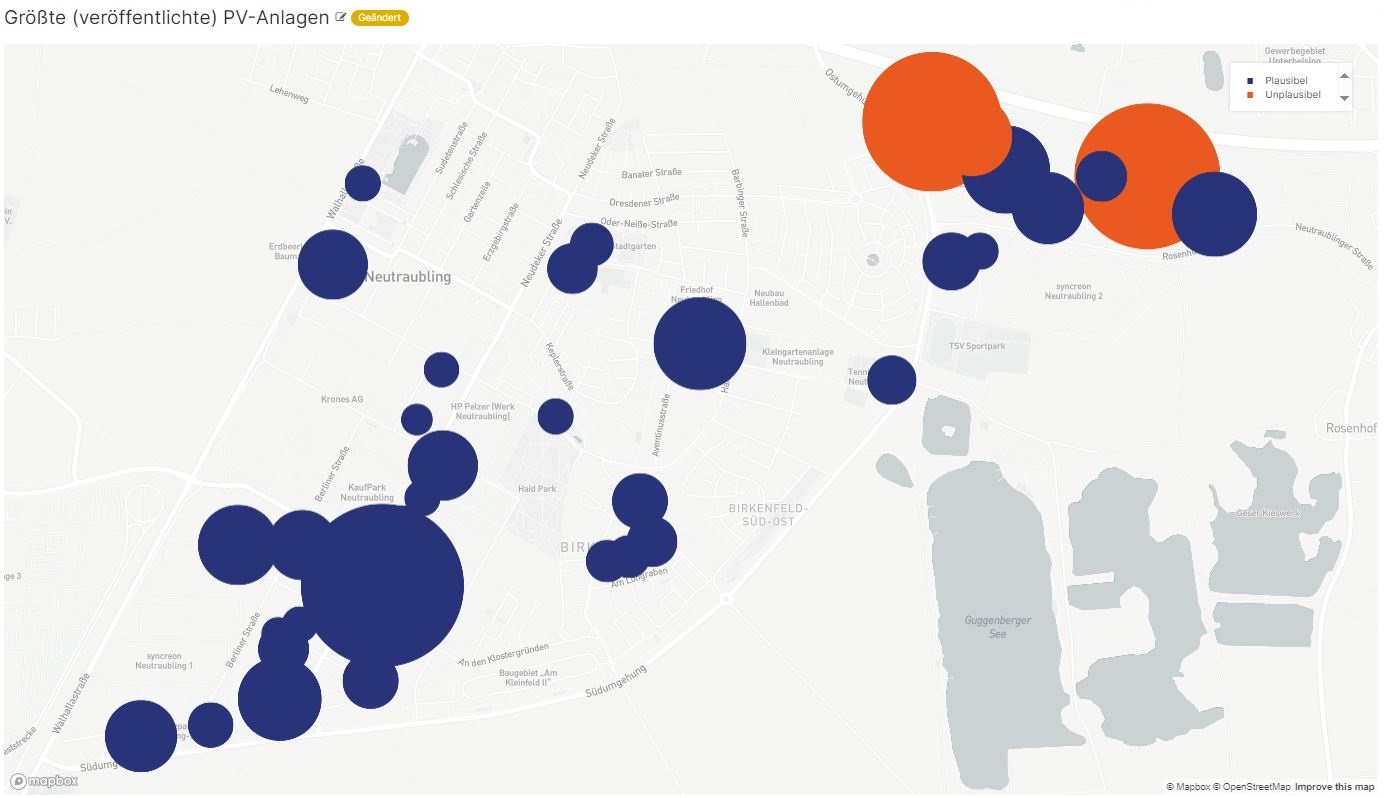 Karte der Stadt Neutraubling mit Kreisen analog zur Anlagengröße